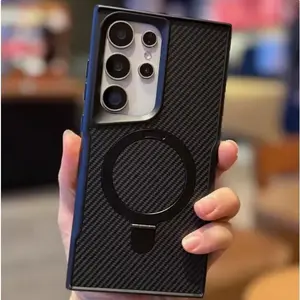 Compatible with New Carbon Fiber Texture Phone Case for S25 Ultra/S24/S23/S22 With Invisible Kickstand Shockproof PC Hard Cover