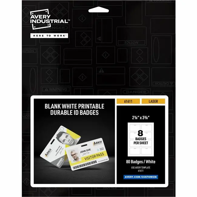 Avery AVE61611 Rectangular Die-Cut Adhesive Badge Sheet Stickers, 3.37x2.12 in White Name Decals, Water Resistant, Abrasion Resistant, Heavy-Duty for DIY Scrapbooking & Stamping, Industrial Sites, 3.37 X 2.12 In