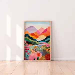 Vintage Wall Poster, Abstract Mountain Artwork, Colorful Wall Art, Abstract Art, Patchwork, Illustration, Living Room Print, Scenery Art, Floral