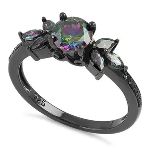 Sterling Silver Black Rhodium Flower Rainbow CZ Ring