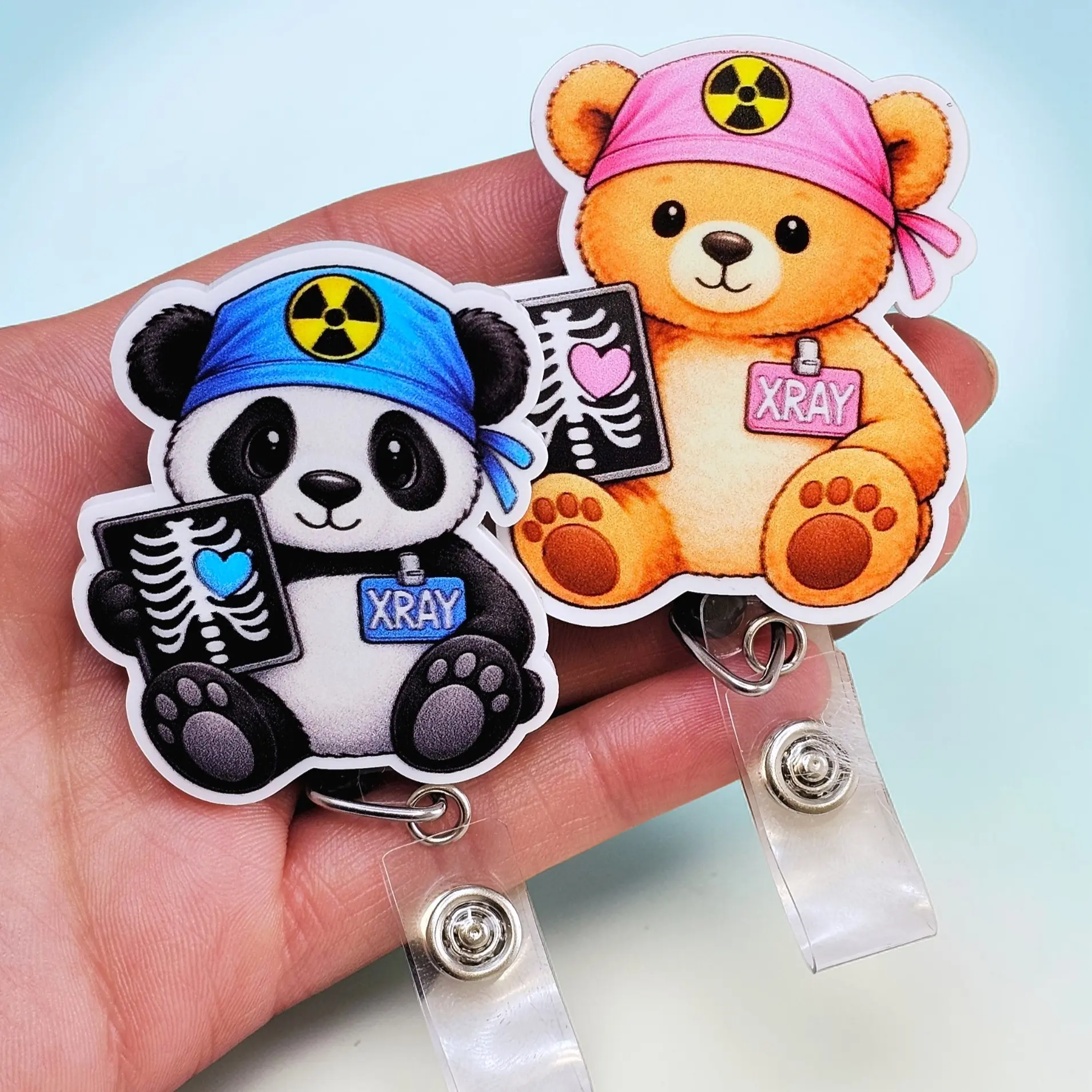 Cute Teddy Bear Badge Reel , Xray Girl Creations, Radiology Badge Clip, Xray Tech ID Holder, Cute Badge reel for Xray Techs and xray students, Retractable swivel clip with a 360 rotation.  Badge pull