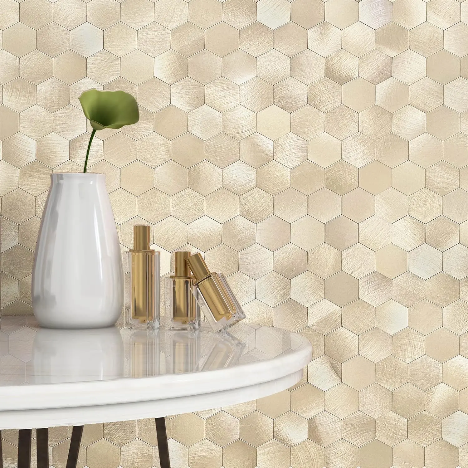 Champagne Gold Synthetic Mosaic Hexagon Metal Peel & Stick Wall Tile Stickers, 10-Count Adhesive Backsplash Tiles for Kitchen Home Decoration, Smooth, Hexagonal