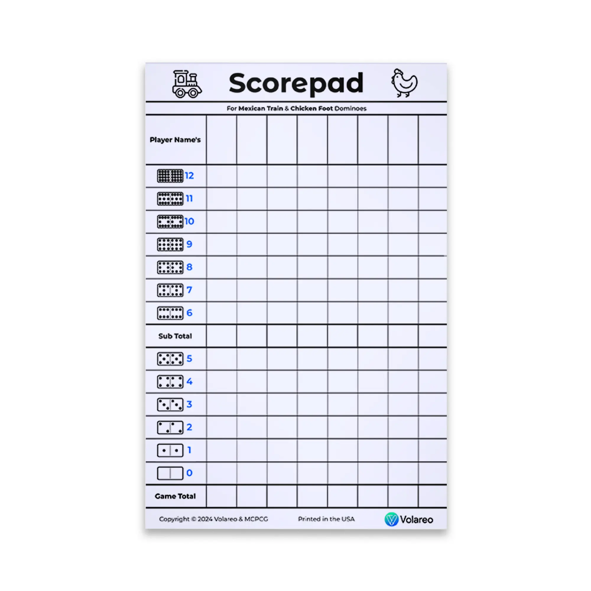 Volareo   Mexican Train and Chicken Foot Dominoes Score Pad - 100 Scoring Sheets per Scorepad, 8.5 x 5.5 Inches - Score Sheets for Double 12 Domino Sets, White, VO-320