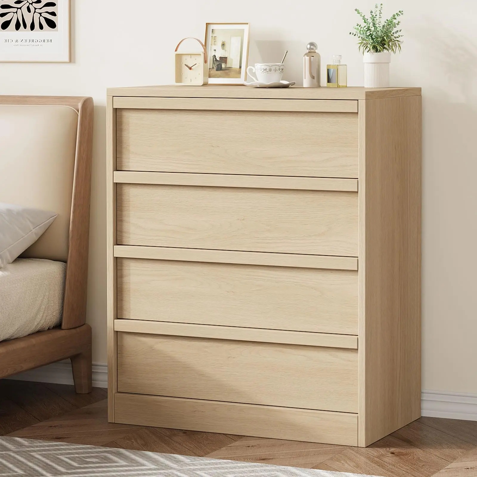 Modern Drawer Chest Sideboard Set - 4-Unit, 7-Unit Chests + Nightstand - Natural Oak/White - For Bedroom, Living Room