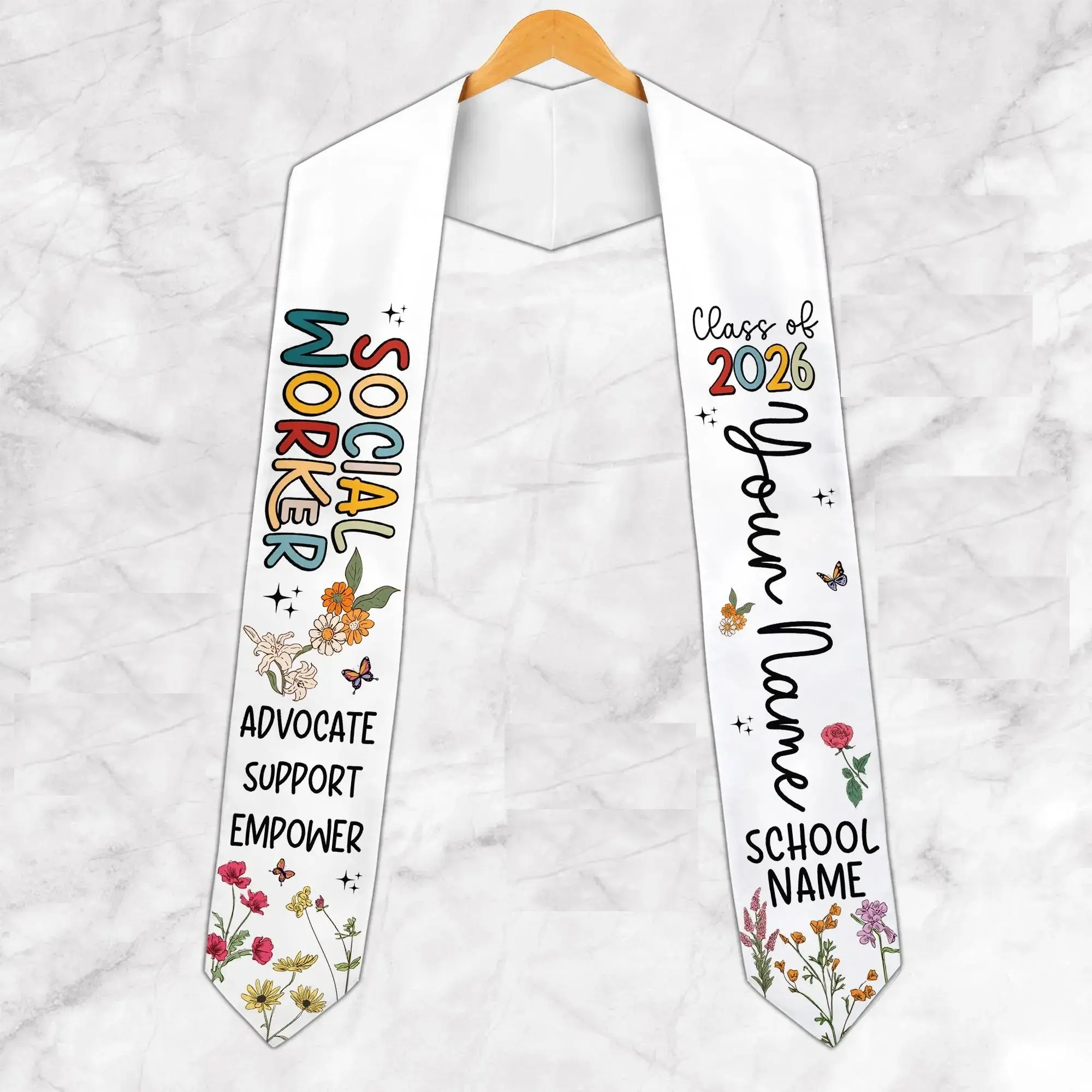 Social Worker Graduation Stole 2026 – Wildflower Sash & Custom Name Print & Empowerment Advocate Grad Gift