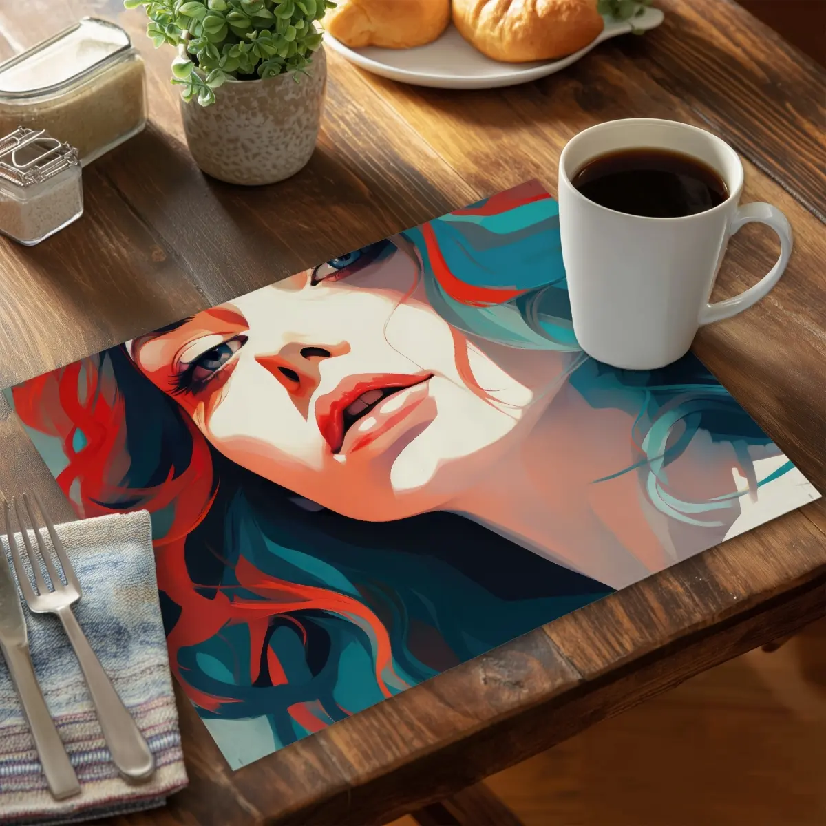 14x18 in Durable White Polyester Rectangle Placemat with Dangerous Lips Design, Easy-to-Clean Tableware Dining Set Including Drink Coasters, Cozy Aesthetic Home Decor