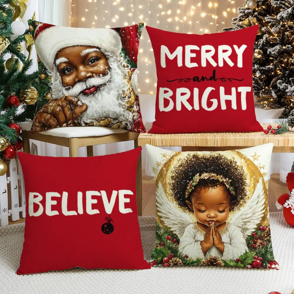 Christmas Themed Cushion Cover, 4 Counts/set Santa Claus & Letter Pattern Cushion Cover without Filler, Household Decoration Supplies for Living Room