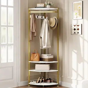 Garvee Corner Coat Rack with 4 Storage Compartments, Coat Rack with 6 Hooks, Coat Rack with Wood and Metal Frame, Clothes Rail, for Bedroom, Living Room, Hallway