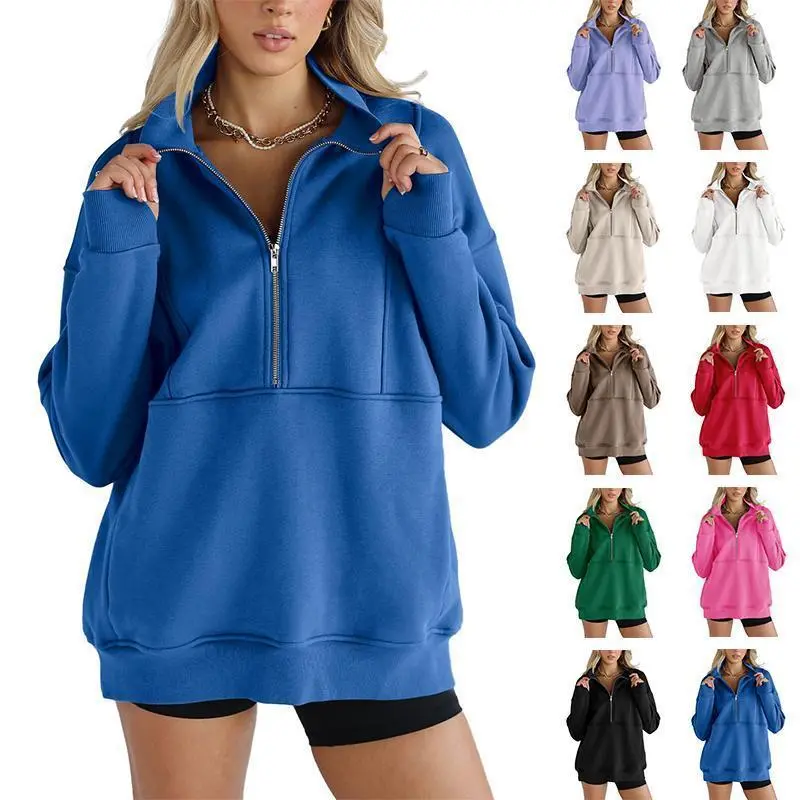 WOMEN'S half zip sweatshirt fleece stand collar long sleeve thumb hole oversized pullovers with pockets Can be used with a raincoat