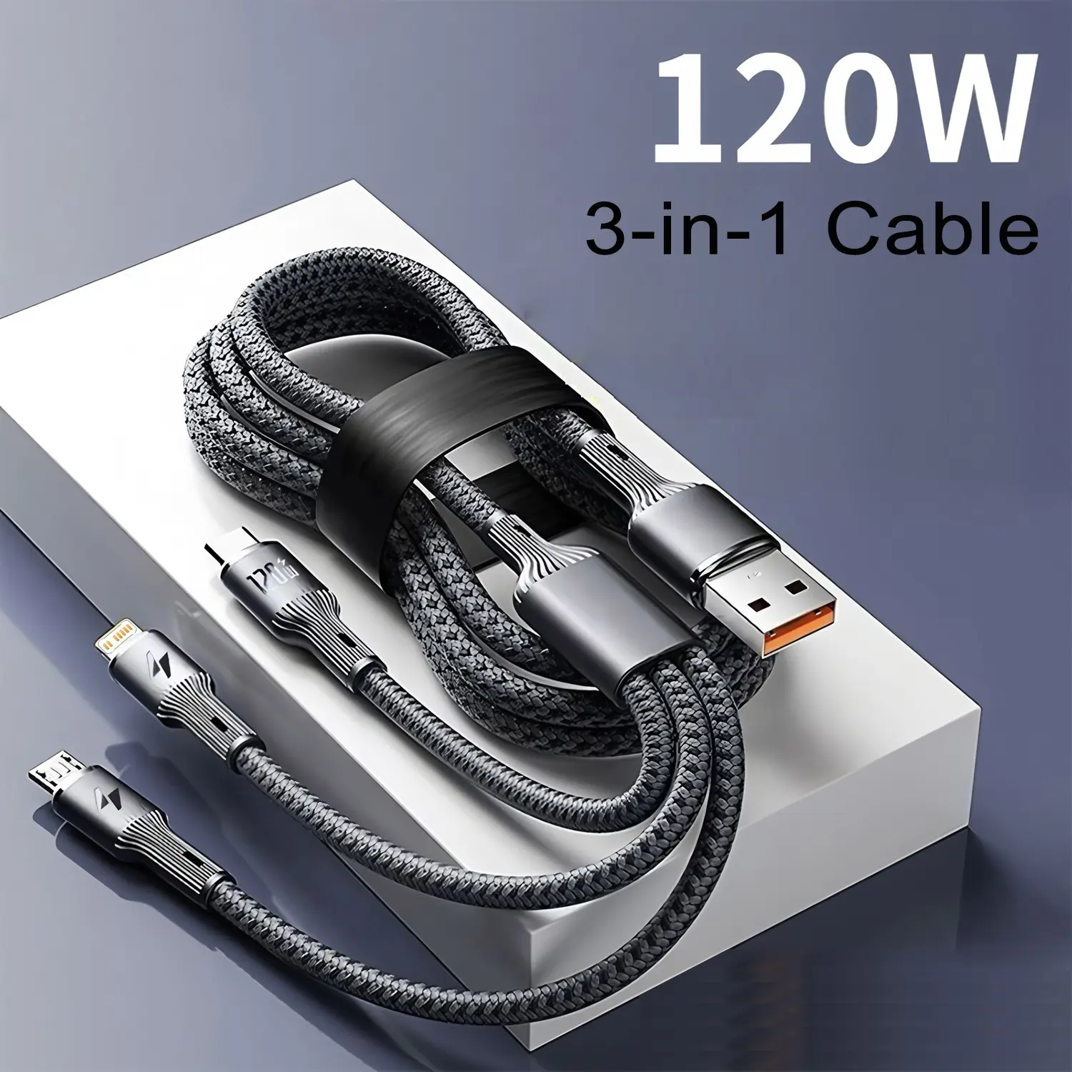 120w Multi-Function Durable Smartphone Charging Cable, Three-In-One Fast Charging Line, Supports Type-C, Micro USB, Lightning, Travel & Car Charger, 1.2m