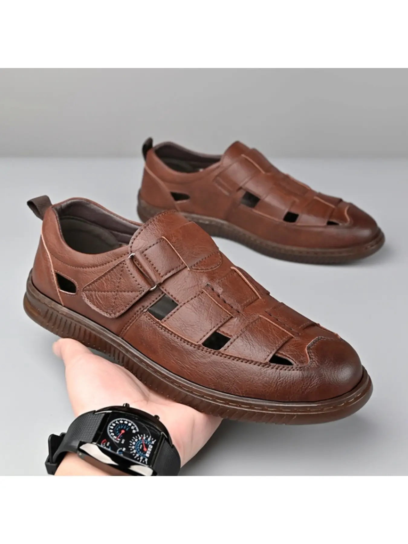 Men's Hollow Out Sandals, Luxury Elegant Slip-On Business Leather Shoes, Formal Wedding Dress Shoes, Casual Work Party Meeting Wear, Walking Shoes