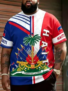 Men's Plus Size Haitian Culture All-Over Print Jersey, Loose-Fitting Casual Breathable Short Sleeve T-Shirt, Summer Fashion Top