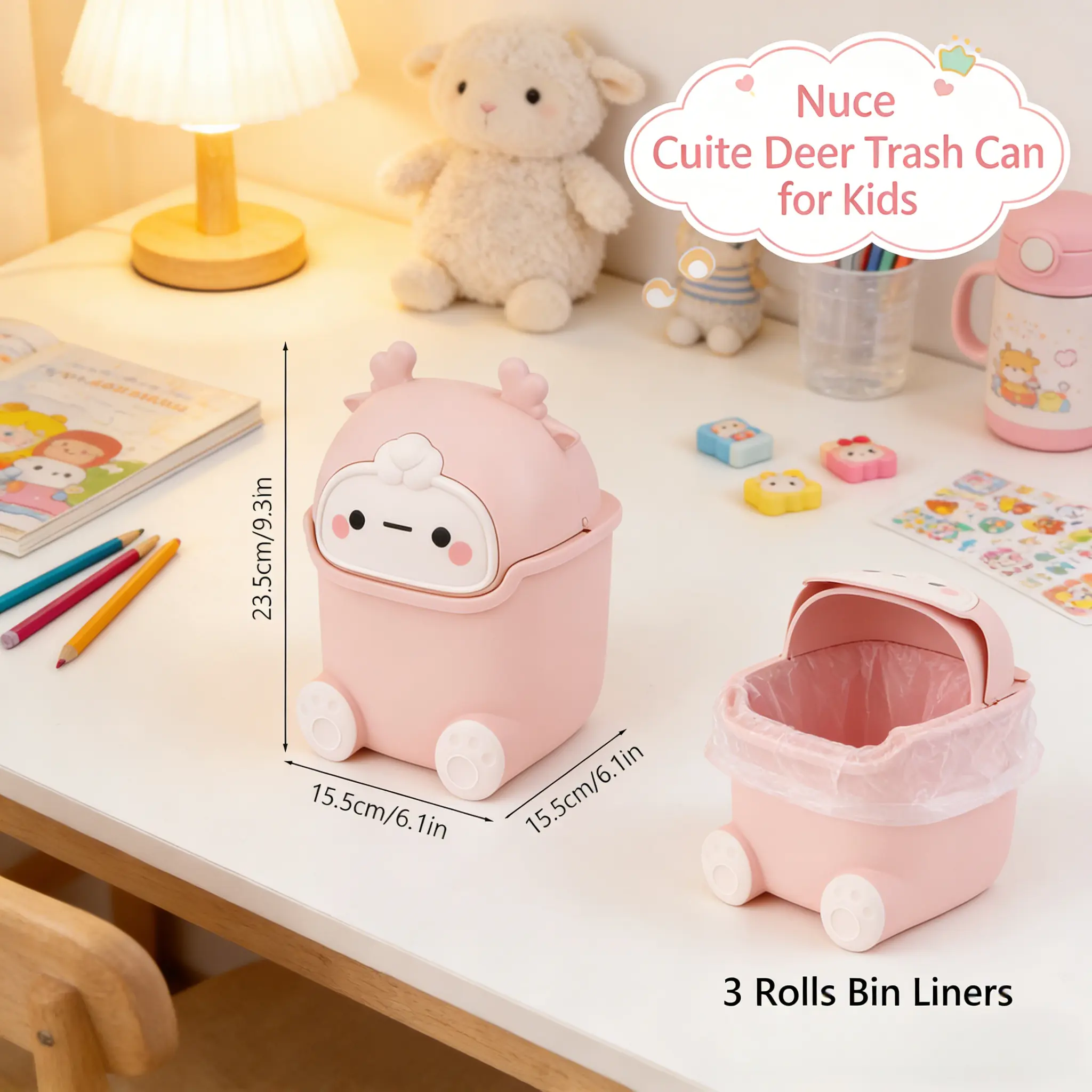 SICANDAENHK Durable Plastic Desktop Trash Bin with Lid, All-Purpose No-Mess Storage Paper Bin, Cute Home Supply for Makeup Vanities, Office Desks, All-Purpose Paper Bins