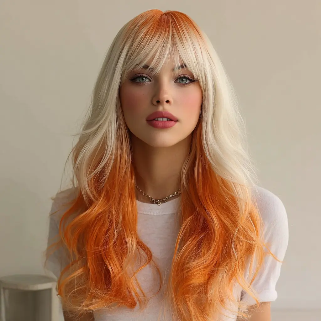 MILCO Ombre Orange Blonde | 28 inches | Body Wave With Bangs long Wig|