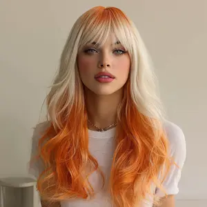 MILCO Ombre Orange Blonde | 28 inches | Body Wave With Bangs long Wig|