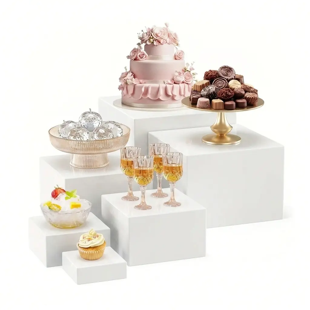 6Pcs Clear Acrylic Boxes for Display Food Risers Buffet Table Party Cupcake Candy Dessert Acrylic Nesting Risers with Hollow Bottoms for Cube Boxes and Plates