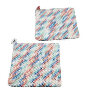 Handmade Crochet Whie/Blue/Peach Cotton Potholder Set Double Thickness