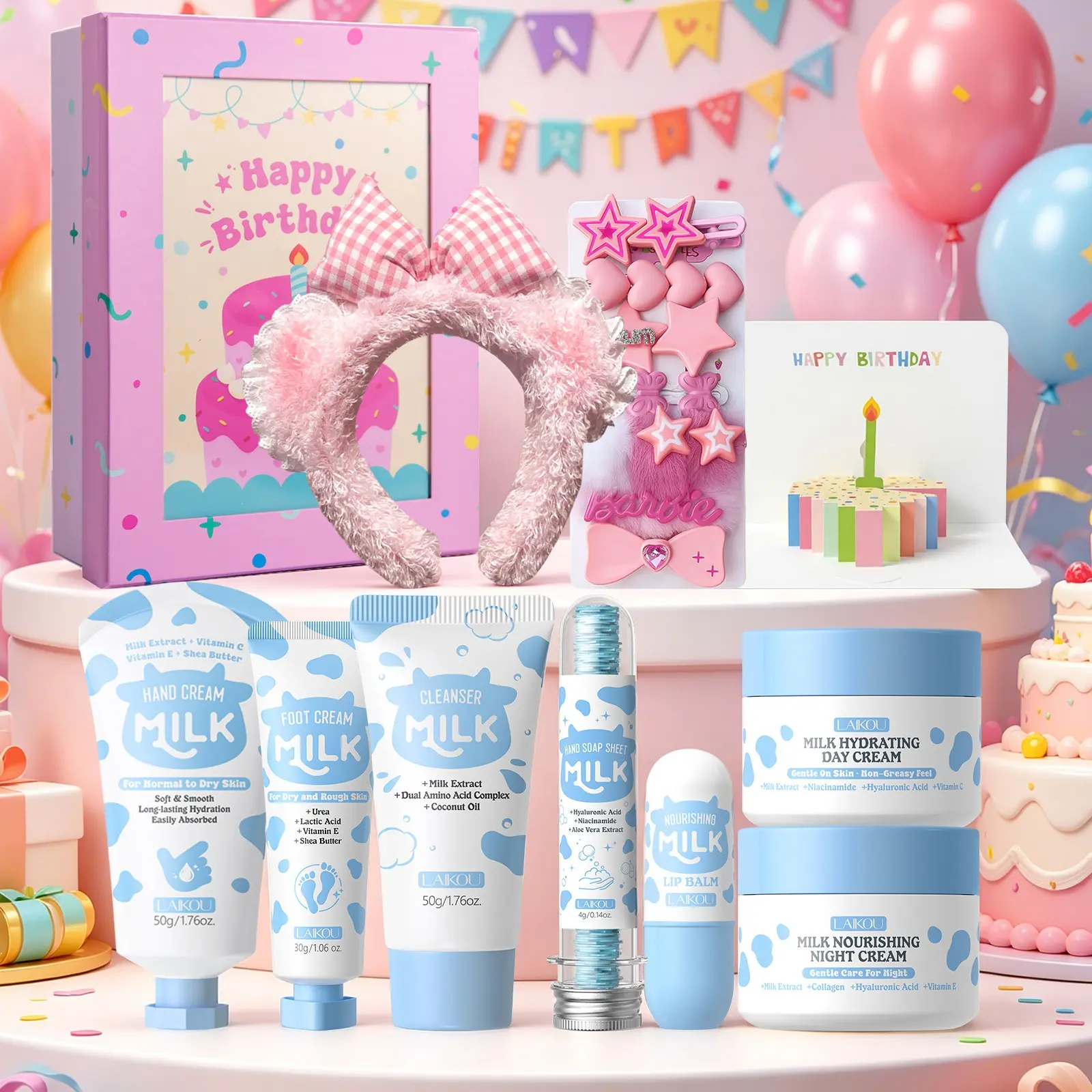 Laikou Milk Skincare Set Birthday Gift Box, Cute Beauty Gift Box for Little Girls, Non-Irritating Skin Care Set, Full Skin Care Set For Hydrating, Moisturizing Set, Glowing & Nourishing, Skin Rejuvenating Set, Gift Sets