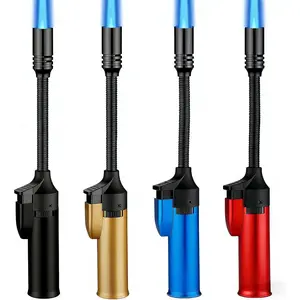 4 Pack Long Butane Lighter with 360° Neck & Safety Lock, Mini Refillable Windproof Jet Butane Gas Lighter for Candle Camping BBQ Grill Fireplace (Fuel Not Included)