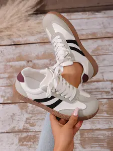 Women's Contrast Stripe Low-Top Lace-Up Casual Board Shoes, Classic American Vintage Style, Versatile Commuter Sneakers, Walking Shoes