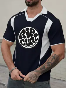 Youth Casual Two-Color Patchwork Polo Shirt, Sporty Print Stand Collar, Fashionable Streetwear, Slim-Fitting Polo Top