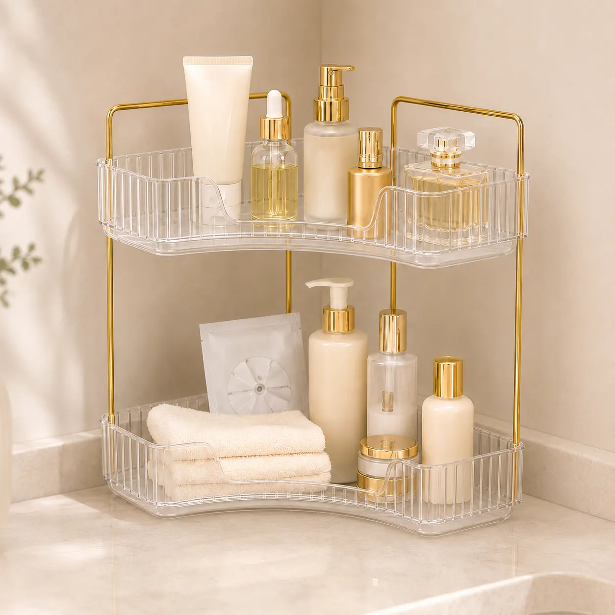 Corner Bathroom Counter Organizer, 2 Tier Countertop Storage Shelf for Makeup, Skincare and Perfume, Space Saving Vanity Organizer with Modern Design, Bathroom Storage Organizer for Dresser, Sink, Bedroom and Kitchen Counter, Large Capacity OrganizerShelf