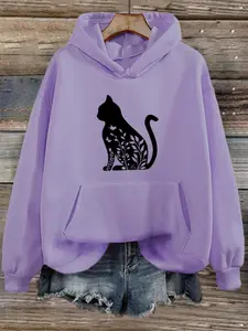 Plus Size Cat & Leaf Print Drawstring Hoodie, Cute Drop Shoulder Casual Pocket Hooded Streetwear Sweatshirt, Women Plus Clothing for Fall & Winter