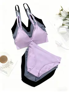 Womens Adjustable Spaghetti Strap Sports Bra，Women's Seamless Wireless Bra Set, Comfortable Plain Design, Backless Style, All-Season Wear, 6-Piece Lingerie Collection, Underwear Sets