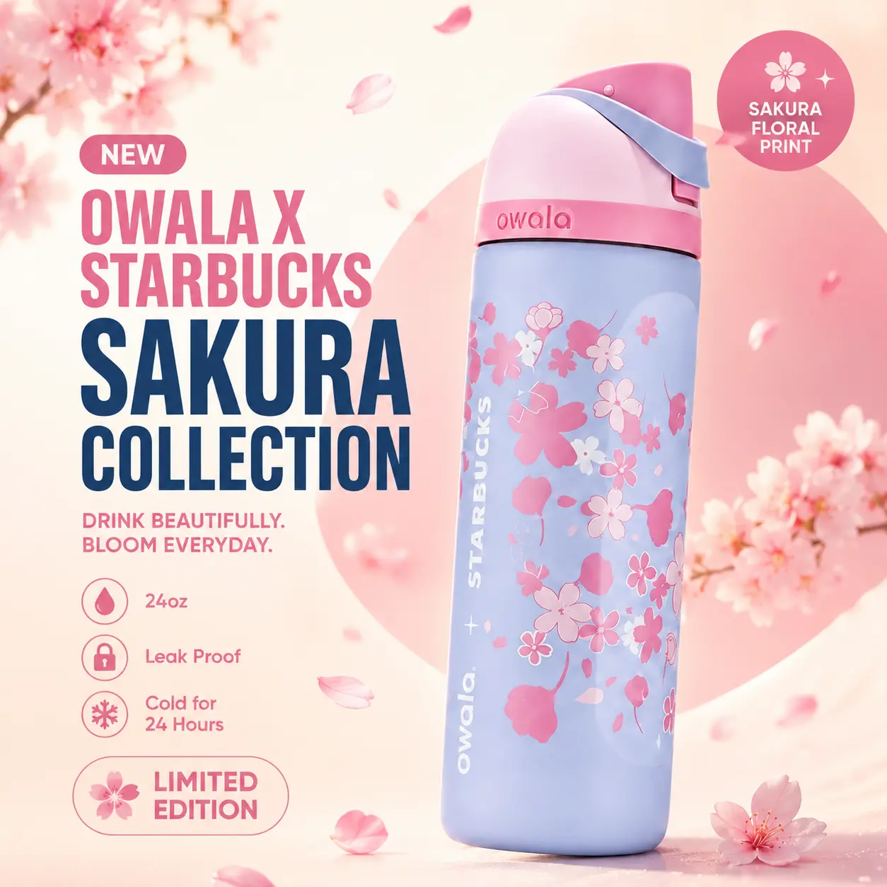 [Limited Edition] Owala x Starbucks Sakura 24oz FreeSip Water Bottle, Floral Travel Bottle, Back to School Essentials
