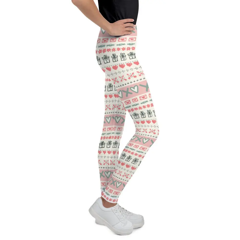 Send Me Love Youth Leggings Mini Heart Pattern Spandex Fabric Comfortable Stretchy Bottoms for Young Ladies 82% Polyester 18% Spandex 38–40 UPF Moisture-Wicking Fabric