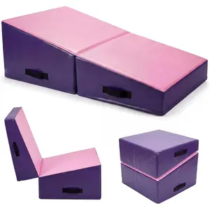 47" Incline Gymnastics Cheese Mat, Folding Tumbling Mat with High-Density EPE Foam, Skill Shape Backbend Trainer for Home Training & Cheerleading, Waterproof Cover with 4 Handles, Portable Exercise Mat for Kids & Martial Arts, Pink & Purple