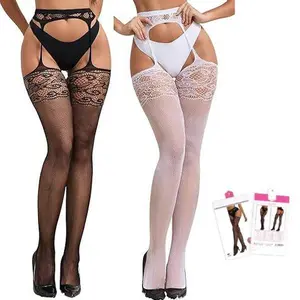 Suspender Pantyhose for Women Pattern Lace Fishnet Tights Thigh High Stockings with Garter Black Fishnet Leggings