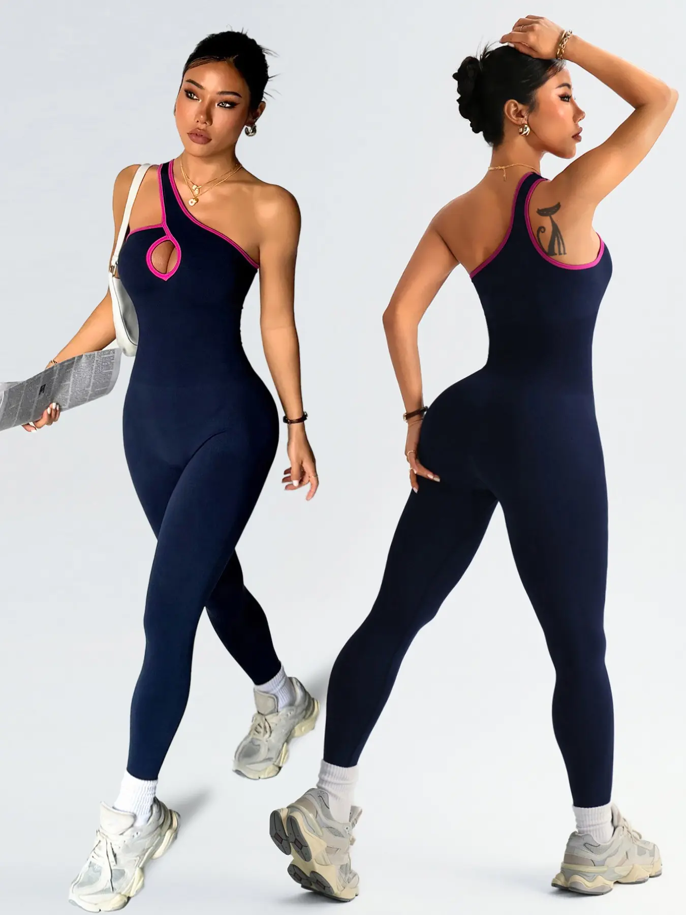 Color blocking and edging yoga jumpsuit with waist and hip lifting, Stretchy jumpsuit, seamless knitted women's sports jumpsuit with high elasticity and tight fitting, outdoor fitness one-piece clothing for all seasons, daily, exercise