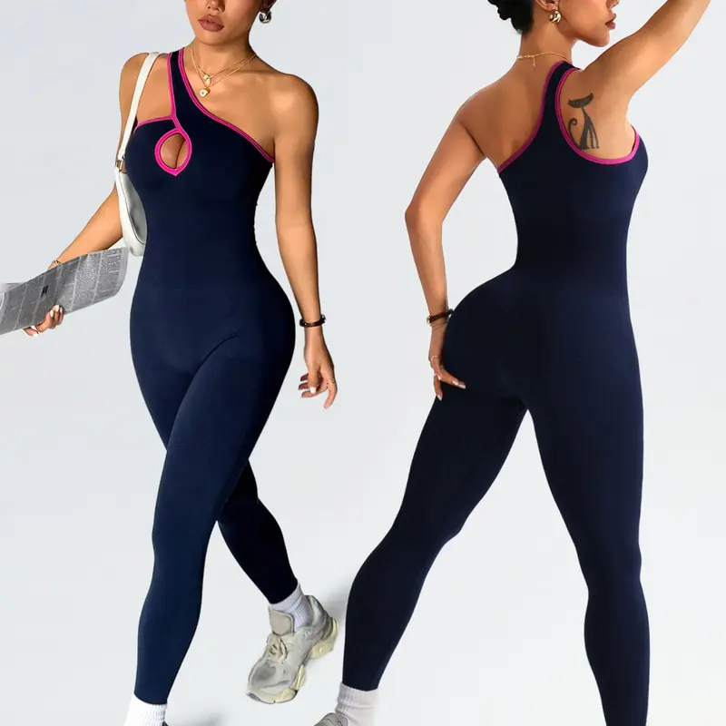 Color blocking and edging yoga jumpsuit with waist and hip lifting, Workout jumpsuits, seamless knitted women's sports jumpsuit with high elasticity and tight fitting, outdoor fitness one-piece clothing for all seasons, daily exercise
