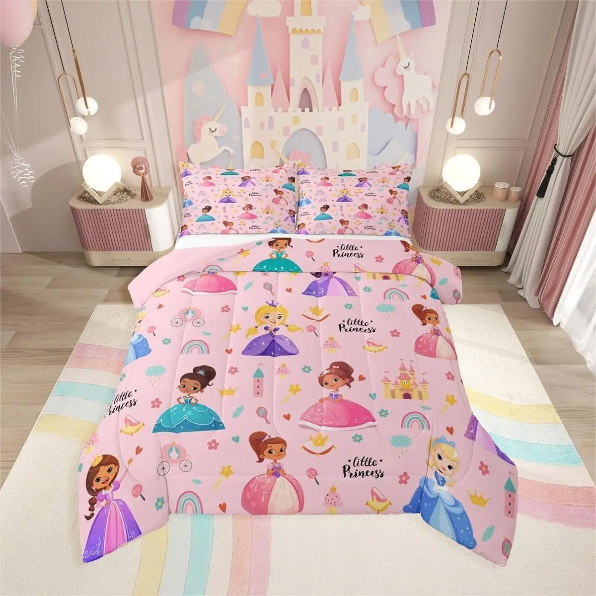 Feelyou Kids Magical Princess Microfiber Quilt Bedding Set - Printed Gentle Soft Blanket, Castle & Cartoon Rainbow Prints, Breathable, Lightweight, Skin-Friendly, Camping-Ready, Queen Comforter Set, Girl Room Decor