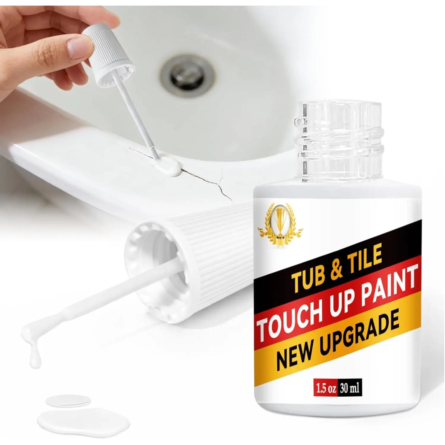 White Tub and Tile Touch-Up Paint, Semi-Gloss Waterproof Porcelain Repair Paint for Bathtubs, Sinks, Tiles, Covers Scratches, Chips on Enamel, Acrylic (1.5 Fl Oz)