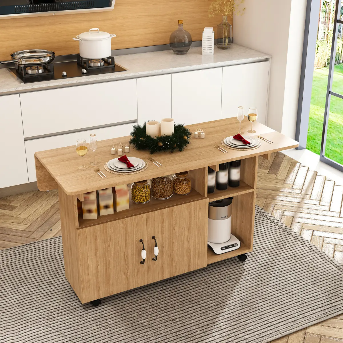47-Inch Foldable Dining Table with Storage Shelves & Rolling Wheels - 4-Seater Corner Expandable Multi-Use Space-Saving Portable Desk for Small Spaces, Kitchen, Office, Corner Dining Tables, 4-Seater Dining Tables