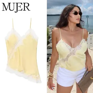 MUJER Yellow Lace Top Woman Asymmetric Camisole Summer Sleeveless Tops for Women Sexy Backless Top Female Straps Women's Tops