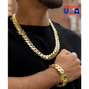 18mm Width Soild Stainless Steel Cuban Maimi Link Chain Necklace,14k Gold Plated Necklace for Men Women