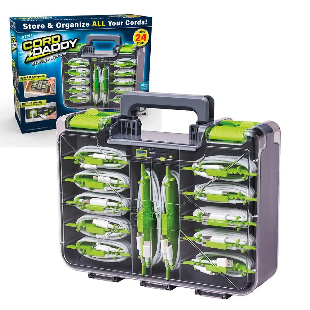 Cord Daddy Cable Storage Organizer Case with Tester - Double-Sided, Transparent Locking Lid, Secure Latches, Portable Carry Handle, Cord Management Solutions, Slim Secure Storage Cable & Wire Management, Stores & Protects Up to 24 Wires