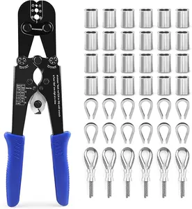 Knoweasy 2-in-1 Wire Rope Crimping and Cutting Tool, for 1/16-Inch to 1/8-Inch Cables, with 100pcs Aluminum Loop Sleeves and 50pcs M3 Thimbles - Comprehensive Rigging Solution tool kit storage case electrical disconnect