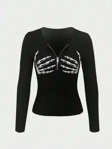 Women's Halloween Skull Skeleton Print Zipper Long Sleeve Top, Casual Fitted Kint Knit Fabric, All Seasons Moderate Thickening, Ladies Fashion Clothing Womenswear
