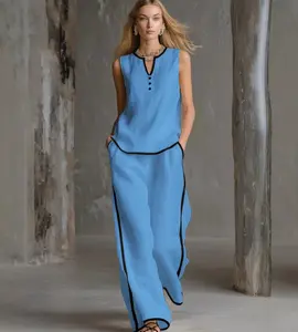 Women's Summer 2-Piece Pants & Top Set - Color-Block Sleeveless Top, Wide-Leg Pants, Casual Fashionable Design, Versatile for Everyday Wear