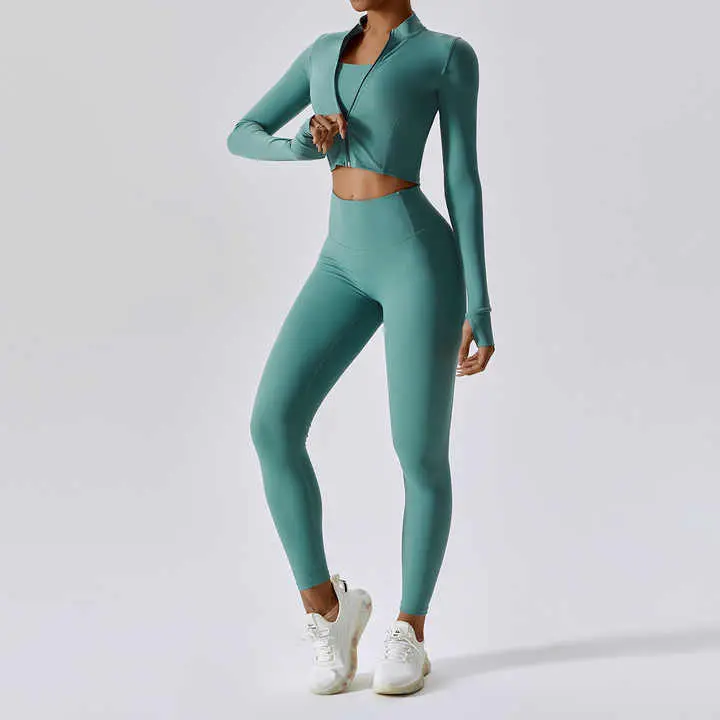 Yoga Suit Wear 3pcs Woman Long Sleeve 3 Piece Zip Up Gym Fitness Set With Jacket