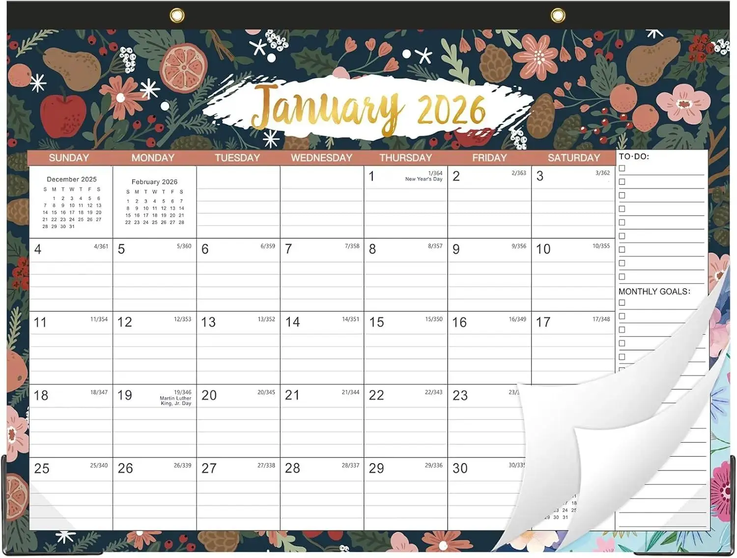2026 Desk Calendar - JAN 2026 - DEC 2026, 2026 Calendar, 12 Monthly Calendar, 17" x 12", Desk/Wall Calendar 2026 with Desk Pad, Ruled Blocks, To-do List & Notes,  Off, -Wire Binding, Large Desk Calendar for  & Office Organizing - Floral