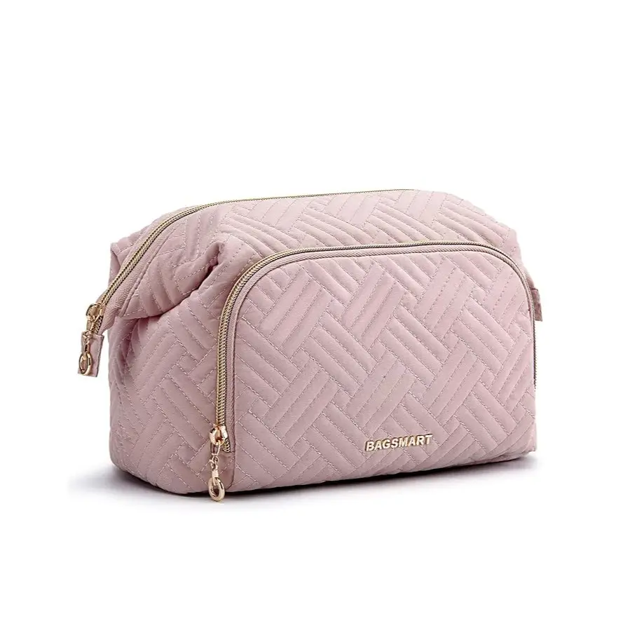 BAGSMART Travel Makeup Bag, Cosmetic Bag Make Up Organizer Case,Large Wide-open Pouch for Women Purse for Toiletries Accessories Brushes Pink