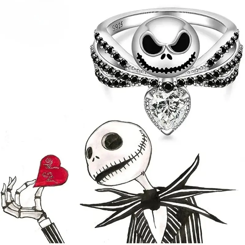 Cartoon The Nightmare Before Christmas Black Enamel Crystal Charm Rings Jack Skull Kawaii Halloween Cosplay Gifts