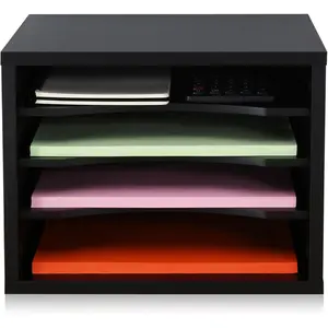 Desk Paper Organizer with 4 Tiers Storage, Desktop File Holder, Document Letter Sorter Tray with Adjustable Shelves,  Office Wooden Mail Rack, Black