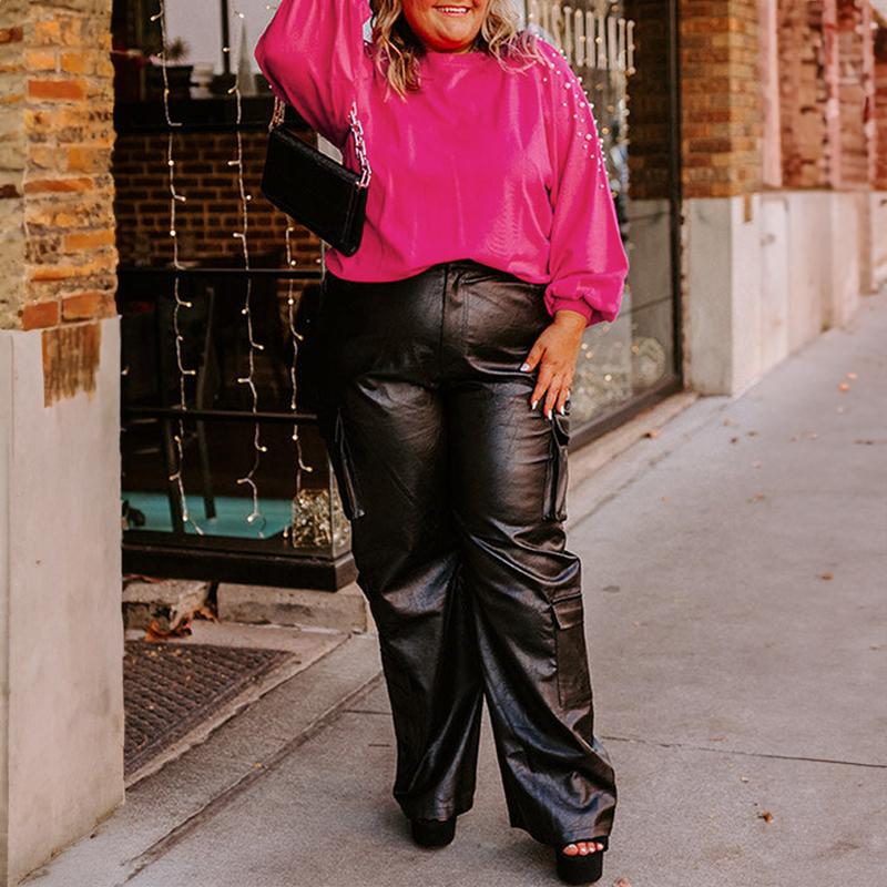 Znacicc Women's Plus Size Strawberry Pink Sweater with Pearl Embellished Sleeves, Elegant Raglan Sleeve Loose-Fit Knit Top for Casual & Dressy Occasions,Winteroutfit