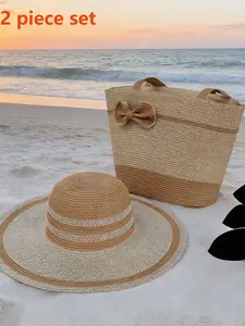 Straw Hat and Tote Bag 2-Piece Set, Summer Beach Sun Hat with Matching Bow Accent Woven Bag, Breathable Boho Style Stylish Hat Vacation Accessories for Women, Matching Accents